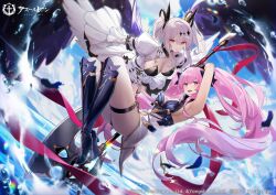 Rule 34 | 2girls, absurdres, armor, armpits, ass, axe, azur lane, battle axe, blue sky, boots, breasts, cleavage, cloud, cloudy sky, commentary request, company name, copyright name, day, dress, feathered wings, feathers, full body, gold trim, hair ornament, highres, joffre (azur lane), knee boots, la galissonniere (azur lane), lips, logo, long hair, long sleeves, looking at viewer, medium breasts, multiple girls, official art, open mouth, outdoors, panties, parted lips, pink eyes, pink hair, red eyes, short dress, sky, sleeveless, smile, thigh strap, thighs, tongue, tongue out, twintails, underwear, water, water drop, weapon, white hair, wide sleeves, wings, yohaku
