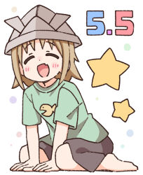 Rule 34 | 1girl, :d, ^ ^, arm support, barefoot, between legs, black shorts, blush stickers, brown hair, closed eyes, commentary request, dated, facing viewer, fang, full body, green shirt, hand between legs, leaning forward, nekotoufu, oka asahi, onii-chan wa oshimai!, open mouth, paper hat, paper kabuto, shirt, short sleeves, shorts, simple background, smile, solo, star (symbol), white background