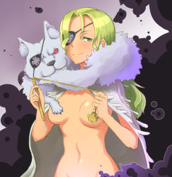 Rule 34 | 10s, 1girl, biting, biting own tail, breasts, cape, convenient censoring, eyepatch, green eyes, green hair, long hair, looking at viewer, matching hair/eyes, medium breasts, menowa mei, naked cape, nimennsai, nimensai, out-of-frame censoring, red eyes, smile, solo, tail, tail biting, whip, witch craft works, wolf