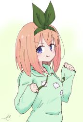 Rule 34 | 1girl, :q, blush, breasts, closed mouth, commentary request, drawstring, go-toubun no hanayome, gradient background, green bag, green hairband, green hoodie, green ribbon, hair ribbon, hairband, hands up, hood, hood down, hoodie, kujou karasuma, light brown hair, long sleeves, nakano yotsuba, pinching sleeves, purple eyes, ribbon, signature, sleeves past wrists, small breasts, smile, solo, tongue, tongue out, upper body, v-shaped eyebrows, white background