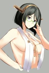 Rule 34 | 10s, 1girl, adapted costume, adjusting eyewear, armpits, bare shoulders, black eyes, black hair, breasts, glasses, hairband, hand on own hip, headgear, highres, kantai collection, kirishima (kancolle), looking at viewer, revealing clothes, short hair, sideboob, simple background, solo, takamura wamu, upper body