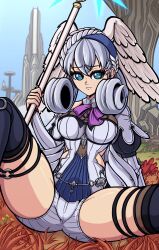 Rule 34 | 1girl, absurdres, blue eyes, grey hair, head wings, highres, melia antiqua, outdoors, scrimblocrimbo, solo, spread legs, staff (weapon), wings, xenoblade chronicles: future connected, xenoblade chronicles (series), xenoblade chronicles 1