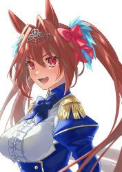 Rule 34 | 1girl, animal ears, anui, blue bow, blue bowtie, blue jacket, bow, bowtie, breasts, brown hair, buttons, center frills, commentary request, daiwa scarlet (umamusume), epaulettes, fang, frills, from side, hair intakes, hair ribbon, highres, horse ears, jacket, large breasts, long hair, looking at viewer, lower teeth only, open mouth, red eyes, red ribbon, ribbon, shirt, simple background, skin fang, solo, sweat, teeth, tiara, twintails, umamusume, underbust, upper body, white background, white shirt