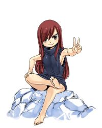 Rule 34 | 1girl, aged down, barefoot, black dress, breasts, brown eyes, dress, erza scarlet, fairy tail, full body, hair between eyes, hand on own knee, long hair, mashima hiro, official art, outstretched arm, red hair, short dress, sideboob, simple background, sitting, sketch, sleeveless, sleeveless dress, small breasts, smile, solo, swept bangs, v, very long hair, white background