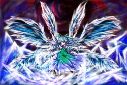Rule 34 | 1girl, arm cannon, blue hair, bow, capelet, cirno, dress, fusion, hair bow, highres, ice, if they mated, long hair, outstretched arm, red eyes, red star (toranecomet), reiuji utsuho, ribbon, solo, touhou, very long hair, weapon, wings
