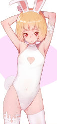 Rule 34 | 1girl, animal ears, armpits, arms behind head, arms up, blonde hair, blush, breasts, cleavage cutout, closed mouth, clothing cutout, covered navel, cowboy shot, fake animal ears, fake tail, gluteal fold, hairband, heart, heart-shaped pupils, heart cutout, leotard, looking at viewer, original, playboy bunny, rabbit ears, rabbit tail, red eyes, short hair, small breasts, solo, symbol-shaped pupils, tail, thighhighs, tostos, two-tone background, white hairband, white leotard, white thighhighs