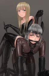 Rule 34 | 1boy, 1girl, ameya, animal ears, bare shoulders, bdsm, black corset, black footwear, black gloves, blonde hair, blue eyes, blush, bodysuit, bondage, bondage male, bondage outfit, boots, bound, breasts, brown bodysuit, chastity cage, closed mouth, collarbone, commentary request, corset, crossed legs, dominatrix, elbow gloves, fake animal ears, femdom, gagged, gloves, grey background, grey hair, highres, holding, holding leash, holding whip, human chair, human furniture, latex, latex bodysuit, latex boots, latex corset, latex gloves, leash, leash pull, long hair, looking at another, looking down, medium hair, original, pet play, purple eyes, rubber boots, rubber gloves, sitting, sitting on back, sitting on person, small breasts, smile, whip