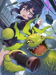 Rule 34 | 1girl, 1other, absurdres, black eyes, colored sclera, digimon, digimon (creature), highres, open mouth, sharp teeth, teeth, yellow sclera, zassoumon