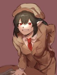 Rule 34 | black hair, breasts, brown background, brown headwear, brown jacket, brown shorts, cabbie hat, closed jacket, collared shirt, commentary request, flat cap, grin, hand on own hip, hat, highres, jacket, kuya (hey36253625), leaning forward, long sleeves, medium hair, necktie, no wings, paper, pointy ears, red eyes, red necktie, shameimaru aya, shameimaru aya (newsboy), shirt, shorts, small breasts, smile, suit jacket, table, touhou, white shirt