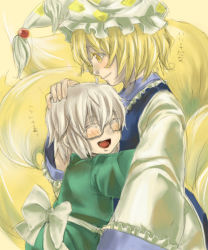 Rule 34 | 1boy, 1girl, aged down, blonde hair, blush, bow, closed eyes, fox tail, glasses, hand on another&#039;s head, happy, hat, hetero, hug, morichika rinnosuke, multiple tails, ono mochiko, open mouth, short hair, silver hair, smile, tabard, tail, touhou, yakumo ran, yellow eyes