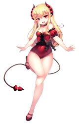 Rule 34 | 1girl, absurdres, bad id, bad pixiv id, bare shoulders, blonde hair, breasts, covered navel, detached sleeves, fang, highres, horns, legs, leotard, long hair, mary janes, open mouth, original, outstretched arms, papo, pointy ears, puffy detached sleeves, puffy sleeves, red eyes, red leotard, shoes, small breasts, smile, solo, standing, standing on one leg, tail