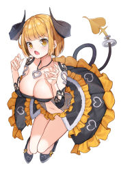 Rule 34 | 1girl, absurdres, black dress, black footwear, blonde hair, blunt bangs, blunt ends, bob cut, breasts, cleavage, clothing cutout, commentary, demon horns, demon tail, dress, fang, fingernails, floating, frilled dress, frills, frown, heart, heart necklace, heart print, highres, horns, jewelry, large breasts, layered dress, leaning forward, leg cutout, mansu (user pnmp4287), navel, necklace, open mouth, original, sharp fingernails, shoes, short hair, simple background, slit pupils, solo, stomach cutout, tail, v-shaped eyebrows, white background, yellow eyes