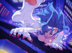 Rule 34 | + +, 1girl, animal ears, big hair, blue hair, breasts, building, capcom, cat ears, cat tail, city, claws, cleavage, climbing, commentary, duplicate, feet, felicia (vampire), from above, large breasts, long hair, nail polish, night, night sky, pixel-perfect duplicate, red nails, sky, skyscraper, soles, tail, toenail polish, toenails, vampire (game), very long hair, white fur, yagi2013