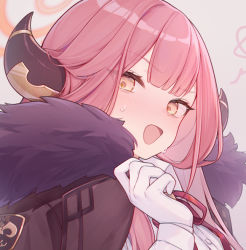 Rule 34 | 1girl, aru (blue archive), blue archive, blush, breasts, brown eyes, coat, eta, eyes visible through hair, fur-trimmed coat, fur trim, gloves, grey background, halo, horns, long hair, long sleeves, looking at viewer, medium breasts, neck ribbon, open mouth, pink hair, red ribbon, ribbon, shirt, simple background, solo, squiggle, sweat, upper body, white gloves, white shirt