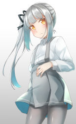 Rule 34 | 1girl, blush, brown eyes, closed mouth, collared shirt, comah, commentary request, dress shirt, gradient background, grey background, grey pantyhose, grey skirt, kantai collection, kasumi (kancolle), long hair, long sleeves, looking at viewer, pantyhose, pleated skirt, shirt, side ponytail, sidelocks, silver hair, skirt, solo, suspender skirt, suspenders, very long hair, white background, white shirt
