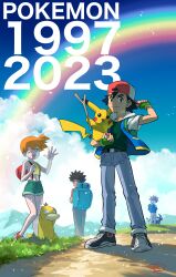 Rule 34 | 1997, 1girl, 2023, 3boys, :3, :d, ;d, absurdres, adjusting clothes, adjusting headwear, artist name, ash ketchum, backpack, backwards hat, bag, baseball cap, black footwear, black hair, black shirt, blue bag, blue jacket, blue pants, blue sky, brock (pokemon), brown hair, brown pants, closed mouth, cloud, collarbone, commentary request, copyright name, creatures (company), crop top, dated, day, eyelashes, facing away, fingerless gloves, full body, game freak, gary oak, gen 1 pokemon, gen 2 pokemon, gloves, grass, green bag, green eyes, green gloves, green shorts, grey pants, hair between eyes, hand up, hat, highres, holding, holding poke ball, holding stick, jacket, looking at viewer, midriff, misty (pokemon), mountain, multiple boys, navel, nintendo, one eye closed, open clothes, open jacket, open mouth, orange hair, outdoors, pants, path, pikachu, poke ball, poke ball (basic), pokemon, pokemon (anime), pokemon (classic anime), pokemon (creature), pokemon journeys, pokemon swsh147, psyduck, rainbow, red bag, red headwear, road, seijun, shirt, shoes, short hair, short shorts, short sleeves, shorts, side ponytail, signature, sky, sleeveless, sleeveless shirt, smile, smirk, standing, stick, stomach, umbreon, v-shaped eyebrows, waving, white jacket, yellow shirt