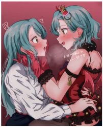 Rule 34 | !?, 2girls, after kiss, aqua hair, bang dream!, black thighhighs, blue skirt, blush, bow, crown, demon horns, demon wings, dress, extreme yuri buta, gloves, green eyes, hand in another&#039;s hair, hand on another&#039;s back, hand on another&#039;s face, heart, heart in eye, highres, hikawa hina, hikawa sayo, horns, incest, long hair, looking at another, medium hair, mini crown, multiple girls, open mouth, purple bow, red background, red dress, red gloves, saliva, saliva trail, shirt, siblings, sisters, skirt, smile, symbol in eye, thighhighs, twincest, twins, white shirt, wings, yuri