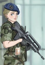 Rule 34 | 1girl, assault rifle, belt, beret, black gloves, blue eyes, blue hat, blurry, blurry background, bullpup, camouflage, camouflage belt, camouflage pants, camouflage shirt, commentary, english commentary, famas, france, gloves, green belt, green pants, green shirt, gun, gun sling, hair behind ear, hair bun, handle, hat, highres, id card, light brown hair, light smile, load bearing vest, looking to the side, mg g, military, military hat, nose, original, pants, patch, pink lips, rifle, shirt, short hair, short sleeves, shoulder patch, sideways glance, single hair bun, sleeves rolled up, soldier, solo, star (symbol), thick eyebrows, trigger discipline, upper body, utility belt, weapon