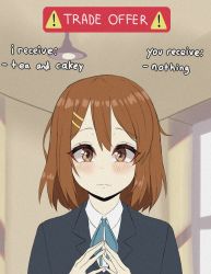 Rule 34 | 1girl, :3, blush, brown eyes, brown hair, closed mouth, hair ornament, hairclip, highres, hirasawa yui, indoors, k-on!, looking at viewer, meme, short hair, smile, solo, trade offer (meme), upper body, young savage