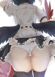 Rule 34 | 1girl, ass, ass focus, black hair, black skirt, black thighhighs, black wings, bra, commentary request, cowboy shot, feathered wings, from behind, geta, halterneck, hand fan, hand up, head out of frame, highres, holding, holding fan, kagami toufu, leaf fan, miniskirt, panties, petticoat, pom pom (clothes), puffy short sleeves, puffy sleeves, red footwear, see-through, shameimaru aya, shirt, short hair, short sleeves, simple background, skirt, solo, standing, standing on one leg, tassel, tengu-geta, thighhighs, thighs, touhou, underwear, white background, white bra, white shirt, wings