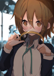 Rule 34 | 1girl, absurdres, aqua ribbon, blouse, blurry, blurry background, blush, brown eyes, brown hair, collared shirt, commentary request, covered mouth, hair between eyes, hairband, highres, holding, k-on!, kootee-on, long sleeves, looking at viewer, neck ribbon, ribbon, school uniform, shirt, short hair, solo, tainaka ritsu, unworn hairband, upper body, white shirt
