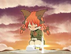 Rule 34 | &gt; &lt;, 1girl, animal ears, braid, cat ears, chibi, closed eyes, cloud, cloudy sky, constipation, diffraction spikes, fang, highres, kaenbyou rin, orange sky, red hair, sky, solo, squat toilet, squatting, sunset, touhou, trembling, twilight, twin braids, zuttokodomo
