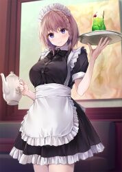 Rule 34 | 1girl, apron, black bow, black bowtie, blush, booth seating, bow, bowtie, braid, breasts, brown hair, cherry, cup, drinking glass, drinking straw, food, frills, fruit, hair tie, highres, holding, holding teapot, holding tray, ice cream, ice cream float, large breasts, looking at viewer, maid apron, maid headdress, original, pasdar, purple eyes, short hair, short sleeves, smile, solo, teapot, tray, underbust