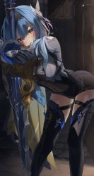Rule 34 | 1girl, absurdres, bent over, black gloves, black hairband, black thighhighs, blue hair, bodysuit, breasts, butterfly hair ornament, eula (genshin impact), genshin impact, gloves, hair ornament, hairband, highres, huge weapon, large breasts, leaning on weapon, light blush, long hair, long sleeves, looking at viewer, luenar, open mouth, planted, planted sword, planted weapon, purple eyes, solo, sword, thighhighs, weapon