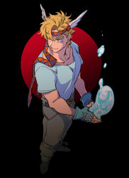 Rule 34 | 1boy, battle tendency, blonde hair, bubble, caesar anthonio zeppeli, carota327, facial mark, feather hair ornament, feathers, fingerless gloves, from above, gloves, green eyes, hair ornament, headband, hydrokinesis, jojo no kimyou na bouken, shirt, solo, standing, t-shirt, triangle print, water, wing hair ornament