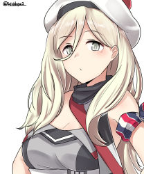Rule 34 | 1girl, absurdres, armband, bare shoulders, beret, blonde hair, breasts, cleavage, dress, hair between eyes, hat, highres, kantai collection, kiritto, long hair, pom pom (clothes), richelieu (kancolle), simple background, sleeveless, sleeveless dress, solo, strapless, strapless dress, twitter username, white background, white hat, yellow eyes