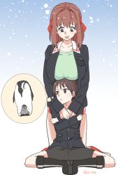Rule 34 | 2girls, bike shorts, bird, black footwear, black shorts, blue background, blue jacket, boots, breast rest, breasts, breasts on head, brown eyes, brown hair, commentary, crossed arms, ei (akinosakae), emperor penguin, facing viewer, girls und panzer, gradient background, green shirt, headband, hug, hug from behind, imagining, isobe noriko, jacket, kneeling, kondou taeko, light frown, long sleeves, looking at another, looking down, looking to the side, medium hair, military, military uniform, multiple girls, one-hour drawing challenge, ooarai military uniform, open clothes, open jacket, open mouth, penguin, red headband, red shorts, shirt, short hair, short shorts, shorts, sitting, smile, snow, thought bubble, twitter username, uniform, zipper