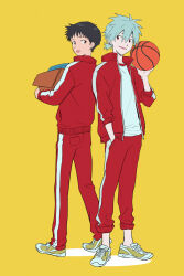 Rule 34 | 11kkr, 2boys, alternate costume, back, ball, basketball (object), black hair, box, from behind, full body, grey hair, hair between eyes, hand in pocket, hand up, highres, holding, holding ball, holding box, ikari shinji, jacket, long sleeves, looking at another, looking back, male focus, multiple boys, nagisa kaworu, neon genesis evangelion, open clothes, open jacket, open mouth, orange eyes, pants, pocket, ponytail, puffy long sleeves, puffy sleeves, red eyes, red jacket, red pants, shadow, shirt, shoes, short hair, short ponytail, simple background, smile, sneakers, standing, t-shirt, tongue, track jacket, track pants, track suit, two-tone footwear, white footwear, white shirt, yellow background, yellow footwear, zipper