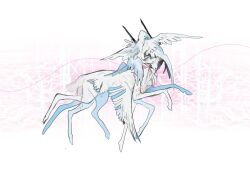 Rule 34 | abstract background, blue eyes, blue feathers, blue tongue, blue wings, colored tongue, creature, extra legs, feathers, head wings, highres, hooves, kamikiririp, multicolored feathers, no humans, open mouth, original, smile, white feathers, white wings, wings