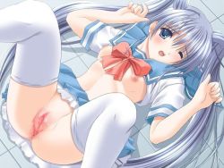 Rule 34 | 1girl, anus, blue eyes, blush, breasts, female focus, lying, no bra, no panties, pussy, pussy juice, school uniform, silver hair, solo, spread legs, twintails, uncensored, wink
