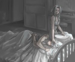 Rule 34 | 1boy, 1girl, aerith gainsborough, bare arms, bed, bed sheet, blush, braid, breasts, cleavage, closed eyes, cloud strife, curly hair, desk, dress, final fantasy, final fantasy vii, final fantasy vii remake, hair ribbon, half-closed eyes, hand on another&#039;s head, headboard, highres, jacket, unworn jacket, long dress, long hair, lying, muscular, muscular male, music, muted color, parted bangs, pillow, ribbon, room, ryouto, sidelocks, singing, sleeveless, sleeveless turtleneck, spiked hair, square enix, stool, sweatdrop, turtleneck, under covers