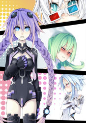 Rule 34 | 10s, 3d glasses, 4girls, age difference, aqua eyes, arasdel, black heart (neptunia), black legwear, blanc (neptunia), blue eyes, blue hair, blush, bodysuit, braid, breast envy, breasts, cleavage cutout, clenched hand, close-up, clothing cutout, column lineup, covered navel, covering breasts, covering privates, cowboy shot, crossed arms, damaged, elbow gloves, embarrassed, female focus, from side, gauntlets, gloves, gradient background, green hair, green heart (neptunia), gust, hair between eyes, hair ornament, half-closed eyes, halftone, halftone background, halterneck, hand on own chest, head tilt, high ponytail, leotard, long hair, looking at viewer, looking away, magical girl, multiple girls, neptune (neptunia), neptune (series), nippon ichi, noire (neptunia), nose blush, pale skin, parted lips, pink eyes, ponytail, portrait, power symbol, power symbol-shaped pupils, purple eyes, purple hair, purple heart (neptunia), red eyes, sega, short hair, short hair with long locks, sidelocks, small breasts, sweatdrop, symbol-shaped pupils, tape, thighhighs, turtleneck, twin braids, upper body, vert (neptunia), very long hair, white hair, white heart (neptunia)