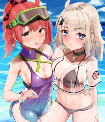 Rule 34 | 2girls, aa-12 (girls&#039; frontline), aa-12 (the sun never rises) (girls&#039; frontline), ahoge, arm at side, bead bracelet, beads, bikini, black bikini, blue eyes, blue sky, bracelet, breast press, breasts, brown eyes, candy, choker, cleavage, cloud, commentary request, commission, cosplay, costume switch, criss-cross halter, day, dress, dyne gallon, food, food in mouth, girls&#039; frontline, hair ornament, hair ribbon, halterneck, hand on another&#039;s waist, highres, horizon, jewelry, light brown hair, lollipop, mp7 (girls&#039; frontline), mp7 (lollipop ammo) (girls&#039; frontline), multiple girls, navel, ocean, official alternate costume, open mouth, outdoors, ponytail, red hair, ribbon, see-through, see-through dress, see-through shirt, short dress, side-tie bikini bottom, skeb commission, sky, standing, stomach, swimsuit, symmetrical docking, white bikini