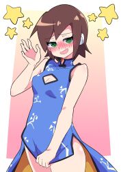 Rule 34 | 1girl, @ @, absurdres, aile (mega man zx), blush, breasts, brown hair, buzzlyears, china dress, chinese clothes, cleavage, cleavage cutout, clothes pull, clothing cutout, covered collarbone, dress, dress pull, green eyes, highres, looking at viewer, medium breasts, mega man (series), mega man zx, nervous smile, open mouth, short hair, sleeveless, sleeveless dress, smile, solo