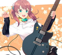 Rule 34 | 1girl, :d, black shirt, black skirt, brown hair, brown pantyhose, cable, collar, commentary request, cowboy shot, fingernails, green eyes, guitar, hair ornament, hair scrunchie, holding, holding instrument, hood, hood down, hoodie, instrument, itou (onsoku tassha), layered sleeves, long hair, long sleeves, looking at viewer, monochrome, music, open mouth, original, pantyhose, playing instrument, plectrum, round teeth, scrunchie, shirt, short over long sleeves, short sleeves, simple background, skirt, smile, solo, standing, star (symbol), teeth, trail, upper teeth only, white background, white hoodie, yamaha revstar