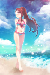 Rule 34 | 1girl, :t, alternate costume, alternate hairstyle, arms behind back, barefoot, beach, bikini, blush, breasts, brown eyes, brown hair, cloud, cloudy sky, day, front-tie top, hanon (heartofsword), highres, idolmaster, idolmaster (classic), long hair, looking to the side, medium breasts, minase iori, navel, ocean, outdoors, ponytail, pout, sky, solo, swimsuit, walking