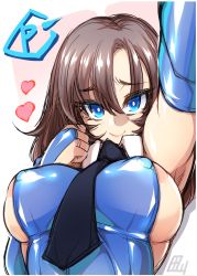 Rule 34 | 1girl, alternate costume, arched back, areola slip, arm above head, armpits, black necktie, blue eyes, blue legwear, breasts, bridal gauntlets, brown hair, commentary request, cosplay, covered erect nipples, eyes visible through hair, hair between eyes, hand up, heart, highres, izayoi sakuya, izayoi sakuya (cosplay), large breasts, long hair, looking at viewer, necktie, original, puffy nipples, signature, smile, solo, tajima yuuki, touhou