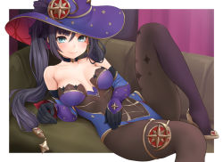 Rule 34 | 1girl, aqua eyes, black hair, blush, bodystocking, breasts, choker, closed mouth, couch, duzimura, elbow gloves, embarrassed, gem (symbol), genshin impact, gloves, hair ornament, leg up, leotard, long hair, looking at viewer, lying, medium breasts, mona (genshin impact), on back, pantyhose, smile, solo, star (symbol), thighlet, thighs, twintails