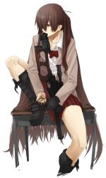Rule 34 | 1girl, between fingers, blue eyes, boots, brown hair, bullet, clenched teeth, desk, gloves, gun, holding, leg up, long hair, magazine (weapon), mouth hold, muscular, on desk, original, rifle, school uniform, simple background, sitting, on desk, skirt, sniper rifle, solo, suppressor, teeth, tef, very long hair, weapon, white background