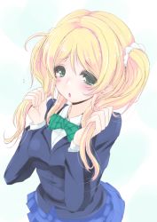 Rule 34 | 10s, 1girl, alternate hairstyle, ayase eli, blazer, blonde hair, blush, chestnut mouth, frapowa, hair ornament, hair scrunchie, holding, holding hair, long hair, looking at viewer, love live!, love live! school idol project, school uniform, scrunchie, skirt, solo, twintails