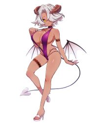 1girl adjusting_clothes artist_request black_hair breasts brown_horns chain_paradox dark-skinned_female dark_skin demon_tail full_body hair_over_one_eye high_heel_sandals highres horns large_breasts looking_at_viewer mole mole_under_mouth multicolored_hair one-piece_swimsuit piedad_rozano short_hair solo streaked_hair swimsuit tail tan thigh_strap transparent_background white_hair wings yellow_eyes