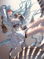 Rule 34 | 1girl, absurdres, arknights, blue hair, braid, breasts, full body, highres, large breasts, ling (arknights), long hair, open clothes, pointy ears, shorts, solo, very long hair, white footwear, xinjinjumin100275710227