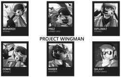 Rule 34 | 2girls, 4boys, aircraft, airplane, artist request, beard, character name, comic (project wingman), diplomat (project wingman), english text, explosion, facial hair, fighter jet, galaxy (project wingman), greyscale, jet, kaiser (project wingman), looking at viewer, looking back, mask, military, military vehicle, monarch (project wingman), monochrome, multiple boys, multiple girls, pilot, pilot helmet, pilot suit, prez (project wingman), project wingman, sunglasses, thumbs up, visor