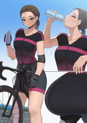 Rule 34 | 1girl, absurdres, ah-lyong lee, ass, bicycle, bike shorts, black gloves, black shirt, black shorts, blue sky, breasts, brown eyes, brown hair, day, drinking, elbow pads, from side, gloves, hair tie, hand up, highres, long hair, looking at viewer, mixed-language commentary, multiple views, original, outdoors, ponytail, profile, riding, riding bicycle, shirt, short sleeves, shorts, skin tight, sky, spilling, sweat, water