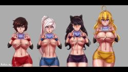 Rule 34 | 4girls, aestheticc-meme, ahoge, animal ears, animated, bare shoulders, blake belladonna, blonde hair, blouse, blue eyes, bow, breasts, cat ears, cinderdryadva, cleavage, detached sleeves, english text, gradient hair, grey eyes, grin, hair bow, imjustthatkinky, large breasts, long hair, looking at viewer, mac star (voice actor), midriff, multicolored hair, multiple girls, music, nipples, open mouth, ponytail, purple eyes, red hair, ribbon, ruby rose, rubyredva, rwby, scar, scar across eye, scar on face, shirt, short hair, short sleeves, shorts, side ponytail, sleeveless, sleeveless shirt, slideshow, smile, sound, succubaeva, tape measure, thick thighs, thighs, third-party edit, two-tone hair, vambraces, video, wavy hair, weiss schnee, white hair, yang xiao long, yellow eyes, yellow shirt