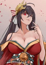 Rule 34 | 1girl, ahoge, azur lane, bare shoulders, black hair, breasts, cleavage, collarbone, commentary request, finger to mouth, from below, hair between eyes, hair ribbon, hand up, highres, japanese clothes, kimono, large breasts, long hair, long sleeves, looking at viewer, looking down, marshall k, mask, mask on head, obi, off shoulder, open mouth, red eyes, red kimono, red ribbon, ribbon, sash, smile, solo, striped ribbon, taihou (azur lane), twintails, very long hair, wide sleeves